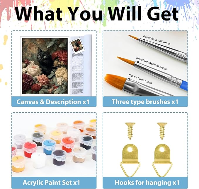 Cat Paint by Numbers Kit for Adults Beginners, Flowers Adult Paint by Number Kits on Canvas, Acrylic Painting by Number, DIY Crafts for Gift Home Decor 16x16 in