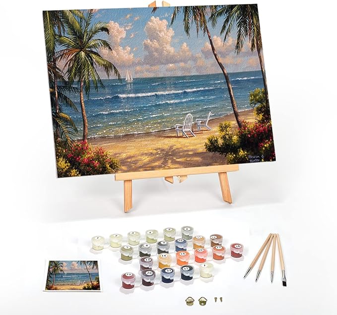 Ledgebay DIY Paint by Numbers Kit for Adults Framed Canvas: Beginner to Advanced Paint by Numbers Kit, Kits Include Acrylic Paint Set Brushes Tabletop Easel (Seaside Paradise 16" x 20" Framed)