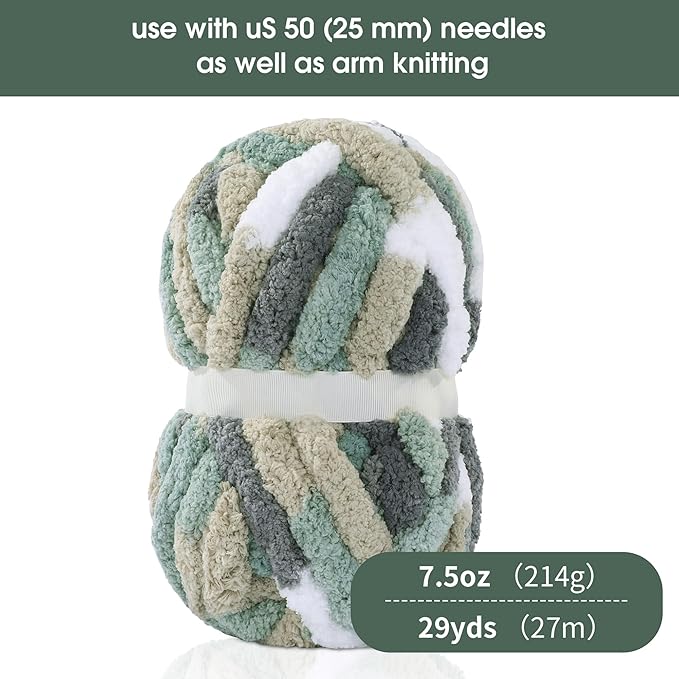 HOMBYS Chunky Tie Dye Mix Chenille Yarn for Hand Knitting, Super Bulky Jumbo Yarn for Crocheting, 3/4" Thick Soft Plush Yarn for Blankets, 8 Skein Pack (26 yds / 7.5 oz Each) Grey,Green,White