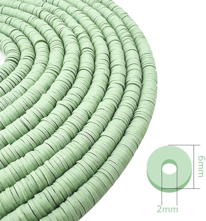 3600 PCS 10 Strands Polymer Clay Beads for Jewelry Making, Vinyl Heishi Beads 6mm for Surfer Bracelets Necklace Making (Sage Green)
