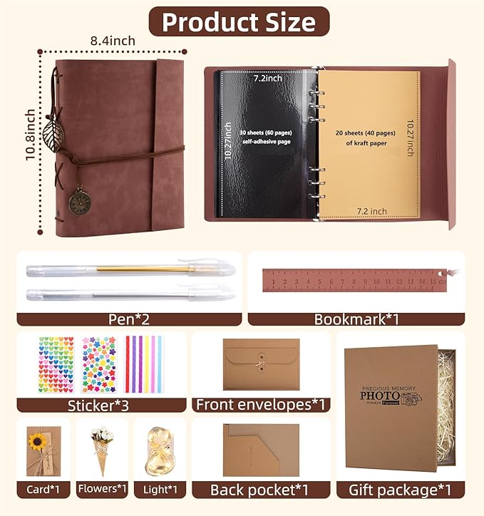 Scrapbook Photo Album - 100 Pages, 60 Self-Adhesive + 40 Kraft Paper, DIY Photo Book for 2x3, 3x5, 4x6, 5x7 Pictures, Leather Memory Book for Wedding, Baby, Family, Travel, Birthday, Christmas