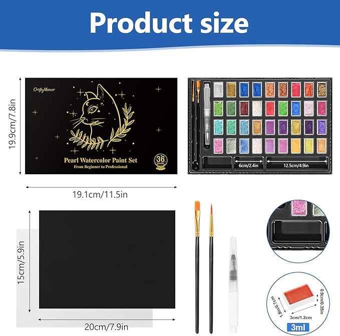 Mini Glitter Watercolor Paint Set with Paper, 36 Colors Shimmer Metallic Watercolour Painting Sets, Solid Pearl Water Color Paints for Adult, 1ml Trial Package(3ml 36 Colors)