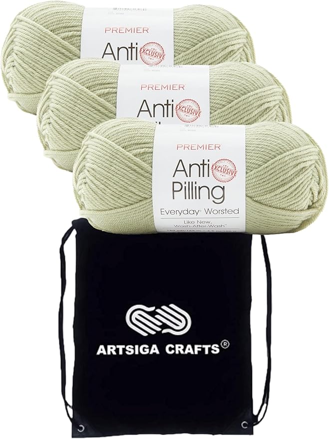 Premier Yarns Everyday Anti-Pilling Solid Meadow DN100-87 (3-Skeins - Same Dye Lot) #4 Worsted Weight Acrylic Yarn for Crocheting and Knitting with Project Bag