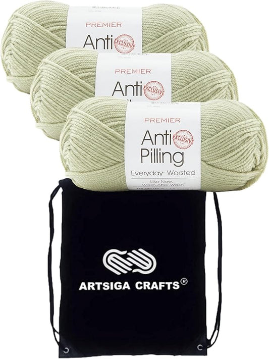 Premier Yarns Everyday Anti-Pilling Solid Meadow DN100-87 (3-Skeins - Same Dye Lot) #4 Worsted Weight Acrylic Yarn for Crocheting and Knitting with Project Bag