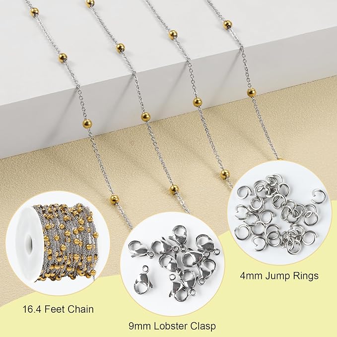 SMYHTGLIF 16.4 Stainless Steel Cable Chain Gold Bead Chain for Jewelry Making DIY Craft Jewelry Making Supplies