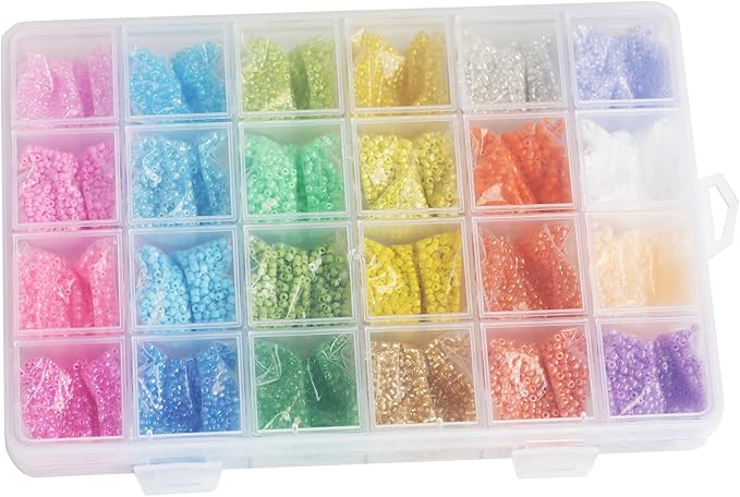 Size 2mm Glass Seed Beads 48 Colors Total About 38400pcs,12/0 Small Seed Beads Kit Bracelet Beads with 24-Grid Storage Box for Jewelry Making