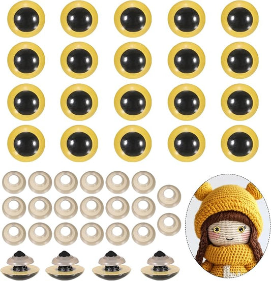 PATIKIL 20mm Safety Eyes, 20Pcs Realistic Doll Crocheting Safety Eyes with Washers for Decor Crochet Accessories Dolls Craft Halloween, Yellow