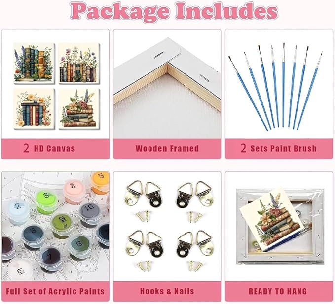 Fotasmua 4 Pack Framed Paint by Numbers for Adult, Book Paint by Numbers Kit for Adults Kids, DIY Flowers Acrylic Painting on Canvas for Home Wall Art Decor 8 x 8 Inch