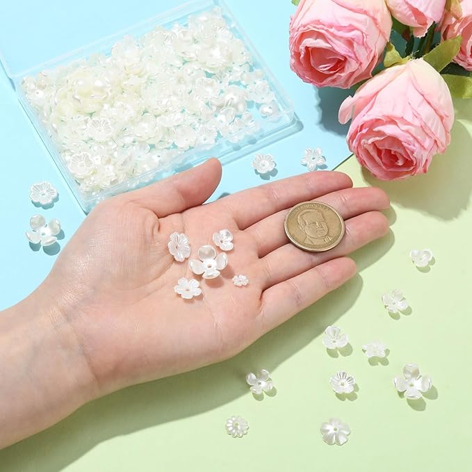 Ipotkitt 200 Pcs 10 Styles White Acrylic Flower Bead Caps ABS Plastic Spring Beads Imitation Pearl Flower Shaped Bead Caps Floral End Caps for DIY Craft Necklaces Bracelets Jewelry Making