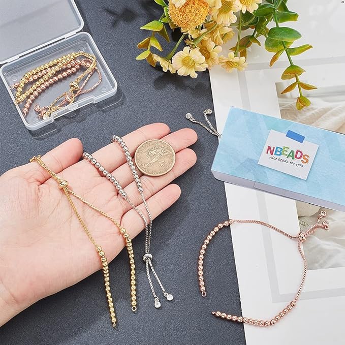 NBEADS 6 Pcs 3 Colors Slider Bracelets, 10.55" Half Finished Adjustable Bracelets Brass Cubic Zirconia Extender Chains with Ball Ends for Jewellery Making