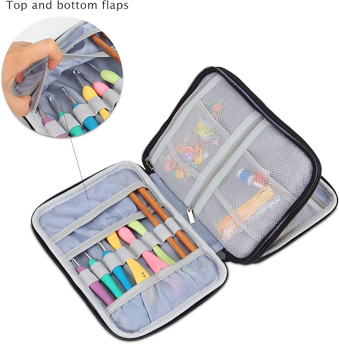 Damero Crochet Hook Case, Travel Storage Bag for Swing Crochet Hooks, Lighted Hooks, Needles(Up to 8'') and Accessories, Large, Purple (No Accessories Included)