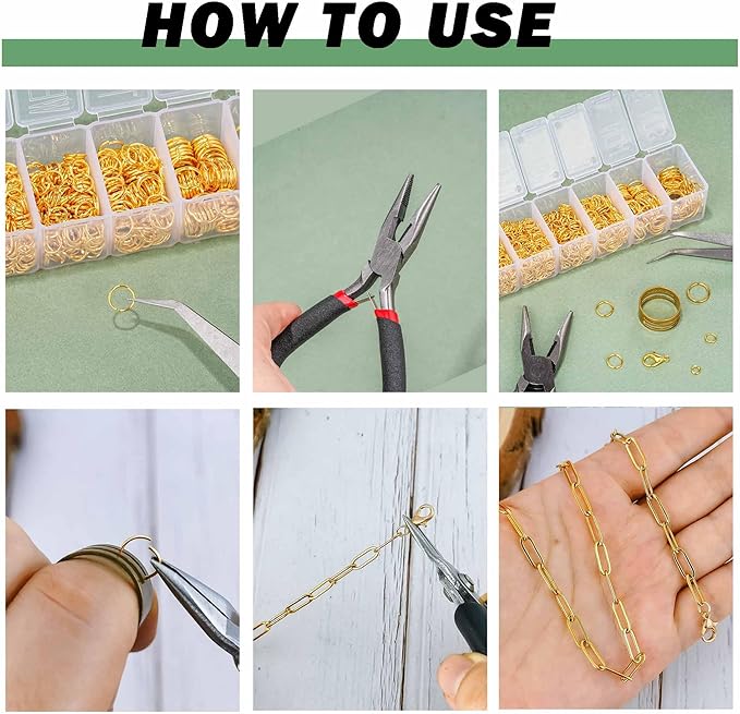 1350pcs Open Jump Rings Lobster Clasps Set with Jewelry Pliers,Tweezers and Jump Rings Tool Opener for DIY Bracelet Necklace Extender Chains Jewelry Making (Golden)