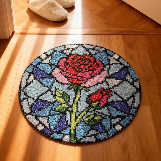 ORIGACH Stained Glass Rose Latch Hook Rug Kit for Adults Printed Rug Making Kit Handmade Carpet Tapestry Cover with Hook Latch and Preprinted Canvas, Home Arts Crafts Sofa Decor, 19.6x19.6inch