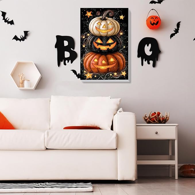 Bowetile Halloween Framed Paint by Numbers for Adults, Adults' Paint-by-Number Pumpkin Kits on Canvas, Easy Acrylic Number Painting Crafts Kits Halloween Gifts for Home Decor, 8x12in