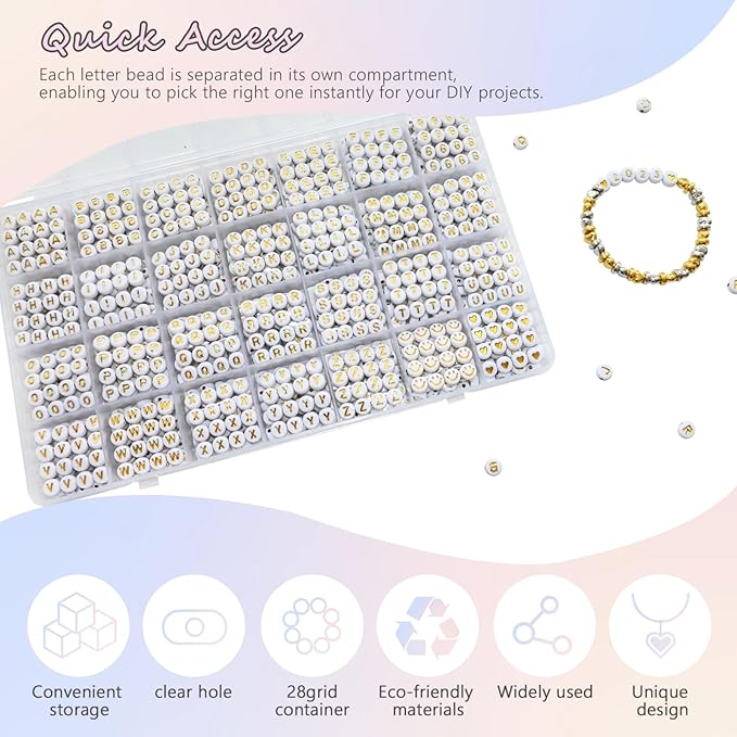 1400pcs Letter Beads Gold Alphabet A-Z and Smiley Heart Beads White Acrylic for Jewelry Making Bracelet