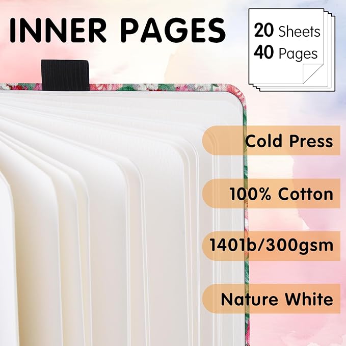 Watercolor Art Sketchbook,5 x 5 inches Portable Hardcover Journal Sketchbook,30 Sheets 140lb/300gsm Acid-Free Drawing Paper,Travel Mixed Media Notebook for Beginners Artists,Pink Peony