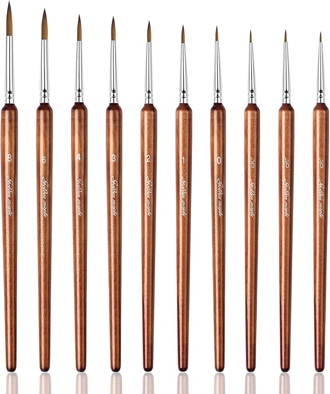Golden Maple Artist Paint Brushes, 10PC Synthetic Sable Brush Set Miniature Fine Detail Paint Brush, Round Point Paint Brush Set for Miniatures, Acrylic & Figures, Model, Watercolor Details
