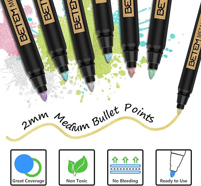 Betem Metallic Paint Markers, 10 Colors Acrylic Metallic Markers for Black Paper, 2mm Medium Tip Glitter Pens Scrapbooking Supplies, Eggs Decorating Kit, Rock, Photo Albums, Card Making Painting Kit