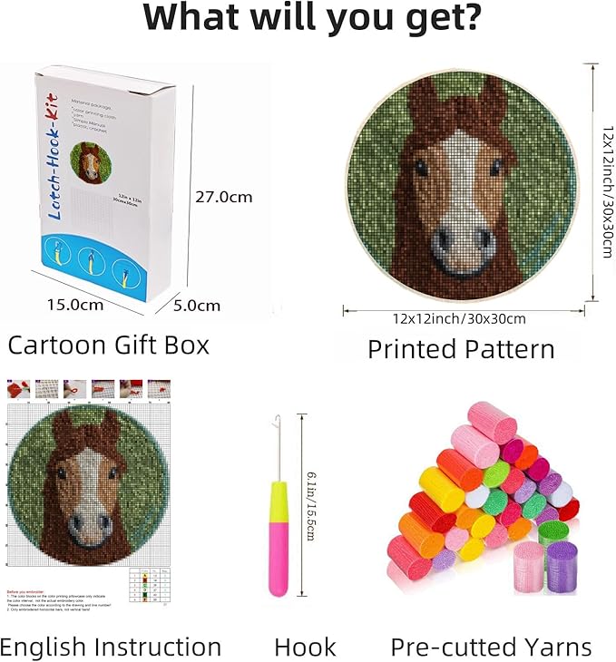 Latch Hook Rug Kit Cute Brown Horse with Green Color Easy for Beginners Round Shape Carpet Crochet Yarn Craft Mini Rug DIY Hook and Latch Little Tapestry for Home Decor 30x30cm-2