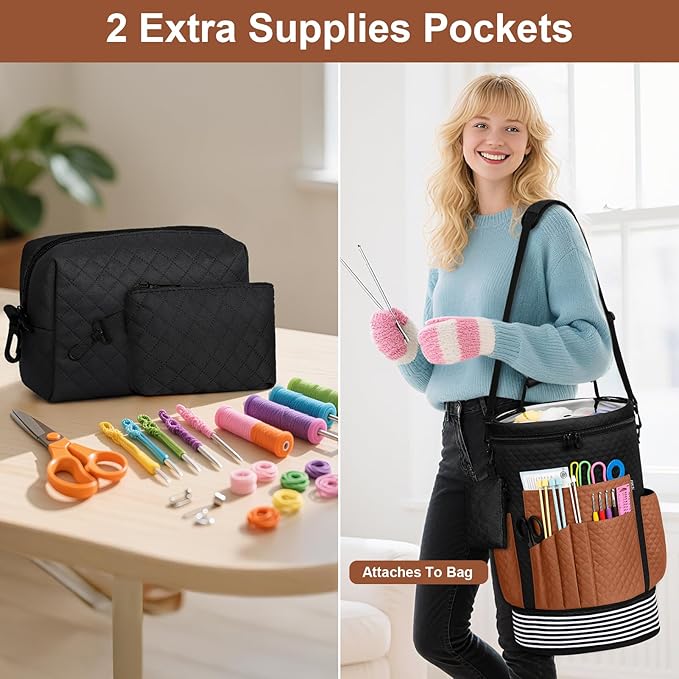 IBFUN Crochet Yarn Knitting Bag 3PCS - Expandable Yarn Storage Organizer Crocheting Bag with Accessories Cases Adjustable Strap for Hooks, Needles, Accessories, Crochet Lovers, Supplies, Beginners