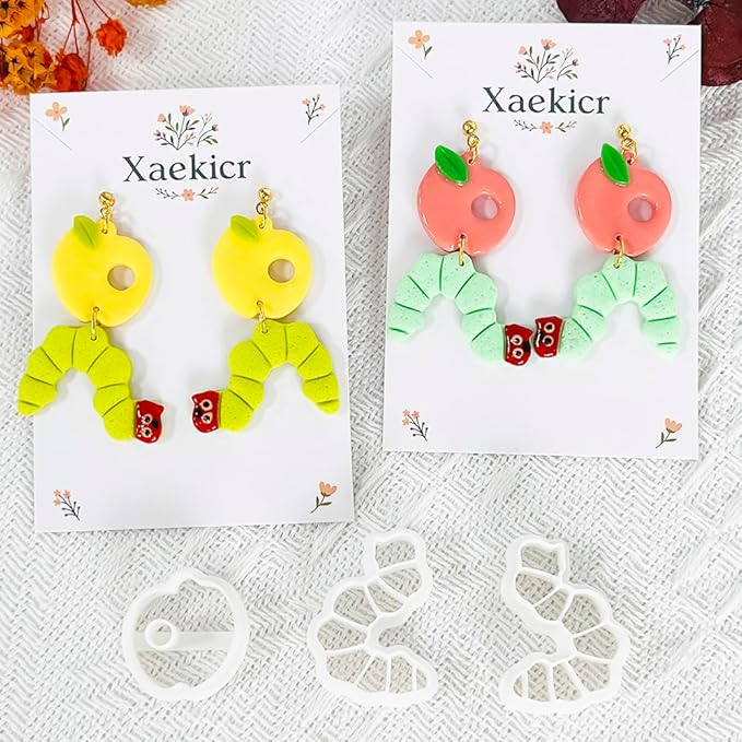 Xaekicr Whimsical Worm and Apple Polymer Clay Cutters – 3PCS Clay Earring Cutters Set for DIY Fruit Insect Jewelry Making – Clay Tools and Polymer Clay Molds