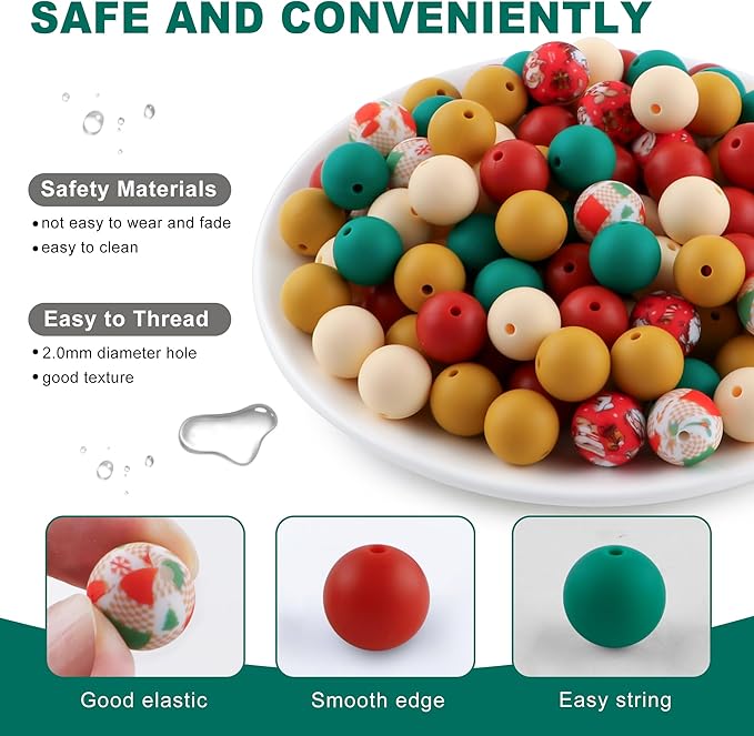 150Pcs Mixed Color 15mm Silicone Beads for Keychain Making, Mustard Red Christmas Print Silicone Beads for Pens and Bracelet Jewelry Making
