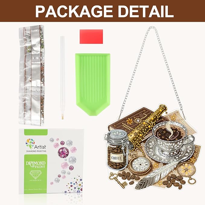 CEOVR Coffee Hanging Diamond Art for Adults, Coffee Diamond Painting Pendant DIY Gem Art Wall Hanging Ornament, Acrylic Home Garden Decor with Chain, Box Kit 7.81×6.92inch