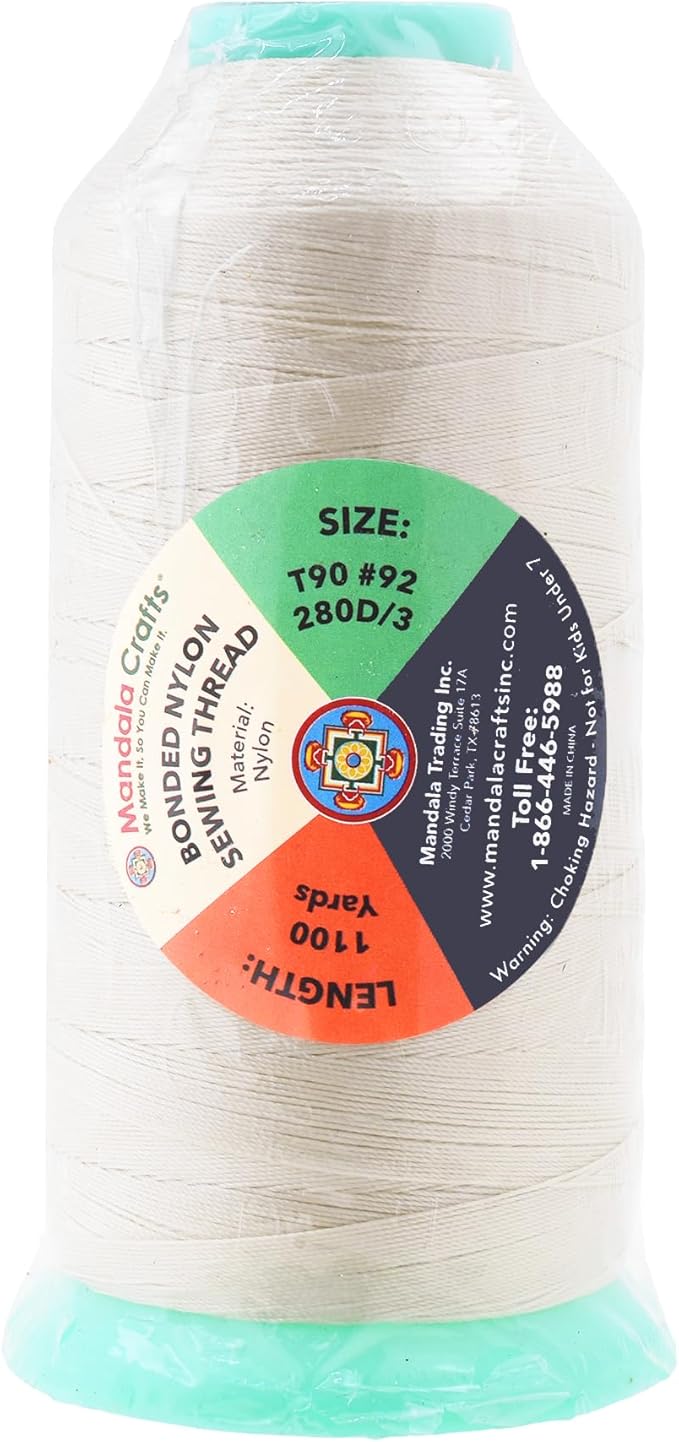 Mandala Crafts Size 92 280D T90 Bonded Nylon Thread - Off White 1100 YDs Tex 90 Heavy Duty Sewing Threads for Leather, Jeans, Weaving, Outdoor Marine Upholstery
