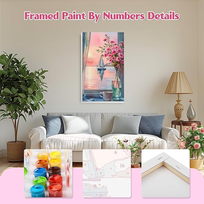 GHHKUD Window Flowers Paint by Numbers Kits with Frame for Adults Beginners, DIY Landscape Paint by Numbers for Kids, Painting Art on Canvas Gifts Home Wall Decor 20x30cm