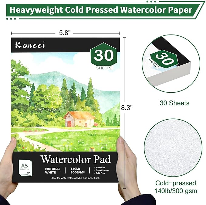 Watercolor Paper A5(5.8"X8.3"), Cold Press Water Color Paper Pad, 140lb/300gsm, Glue Bound, Acid-Free Watercolor Sketchbook Journal Painting Drawing Paper Book, Art Supplies for Students Adults