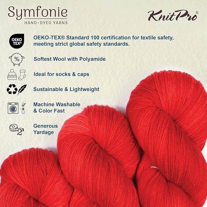 KnitPro Symfonie Fingering Weight Hand Dyed Semi-Solid Yarn Skein | Extra Fine Merino Wool & Polyamide Blend for Knitting & Crocheting, Oeko-TEX Certified 400m, 100g | Terra Scarlet