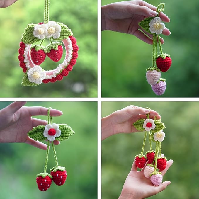 Crochet Kit for Beginners,Crochet Strawberry Ornaments,Plant Hanging Decorations with Step-by-Step Video Tutorials, 3 Pack Strawberry Decor