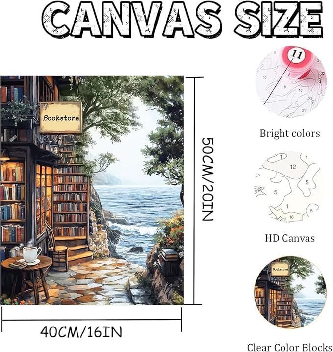 Fotasmua Paint by Numbers for Adults Beginner, Bookshop Adult Paint by Number Kits on Canvas Without Framed, DIY Acrylic Oil Easy Painting by Numbers Crafts Kits for Home Wall Decor 16X20 Inch