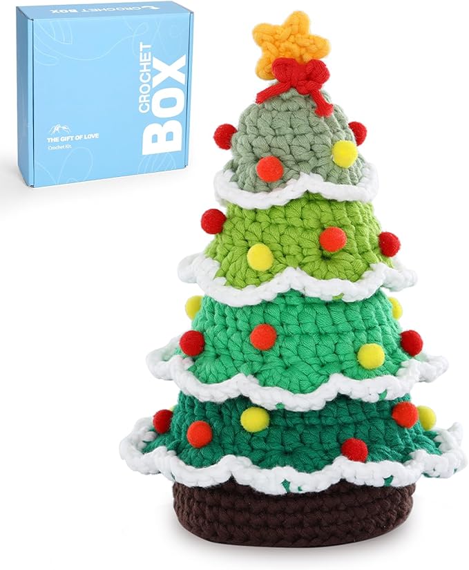 CrochetBox Christmas Crochet Kit for Beginners - Christmas Tree Starters Crochet Kit, Beginners Crocheting Kitting for Adults Teen, Gifts with Crochets Yarns, Hook, Step-by-Step Video, Instruction