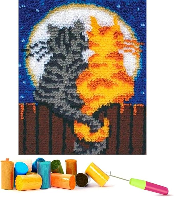 EMISTEM Latch Hook Kits for Adults - DIY Latch Hook Rug Kits, Crochet Kit for Beginners, Rug Making Kits with Printed Canvas, Gift Packaging. (Two Cats,16x21)