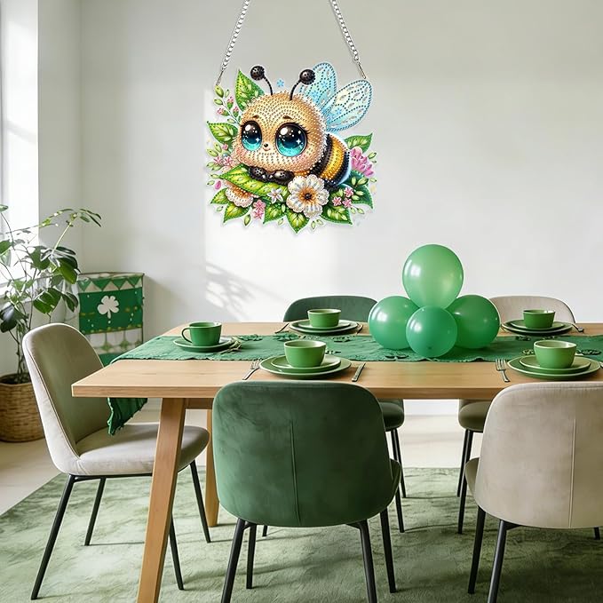 GHHKUD Bee Diamond Art Hanging Kit for Adults, DIY Double Sided Diamond Painting Hanging St.Patrick's Day, Special Shaped Acrylic Ornaments Pendants for Window Home Garden Wall