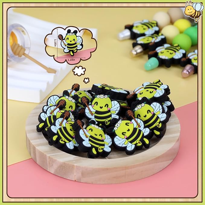 12pcs bee Silicone Focal Beads for Keychain Making for Pens Shape Silicone Beads for Bracelet Necklace Crafts （bee）