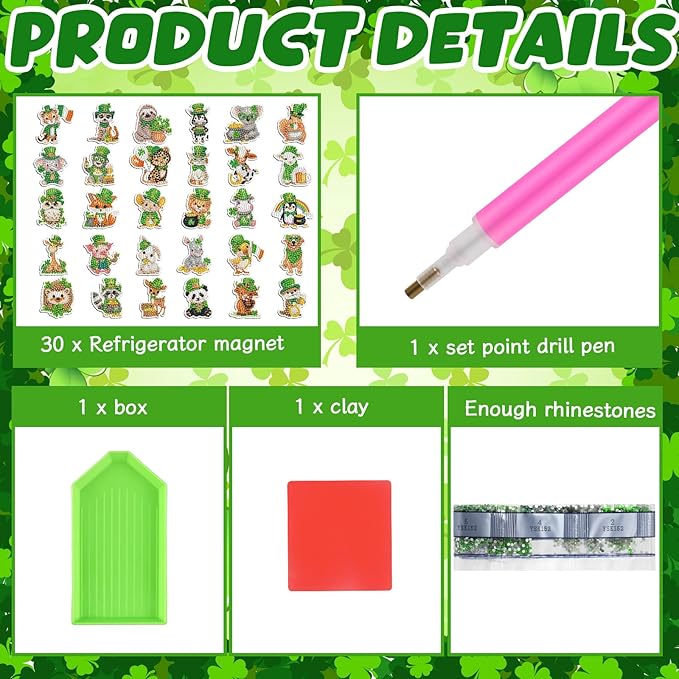 Xuhal 30 Pcs St Patrick's Day Diamond Painting Magnets Irish Animal Diamond Art Magnet Kits for Adults 5D Rhinestone Green Shamrocks Animal Refrigerator Magnetic Stickers for Fridge DIY Crafts Gifts
