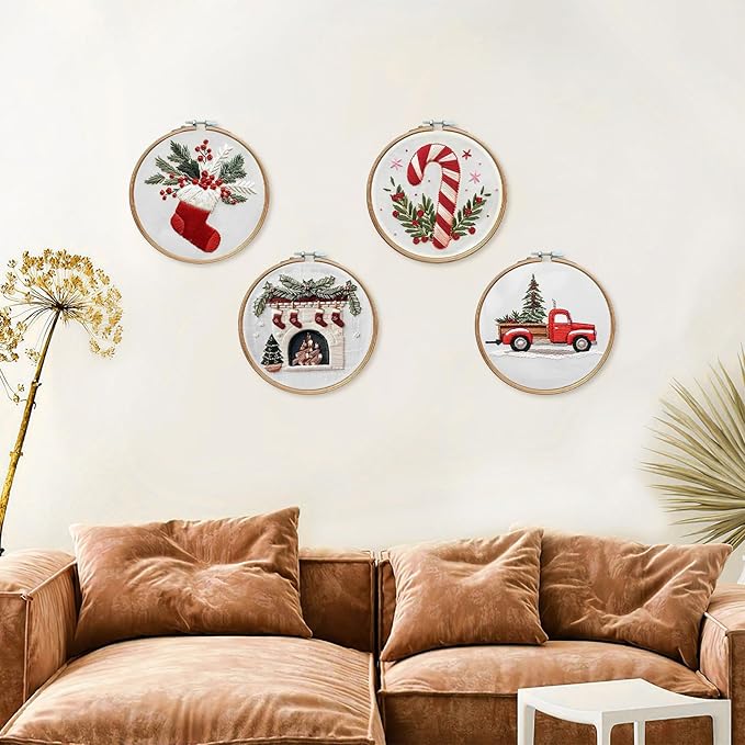 LB Christmas Embroidery Kit for Adults, 4Pc Christmas Embroidery Kits for Beginners with Red Truck, DIY Hand Cross Stitch Kit Holiday Gifts Ornaments Decorations