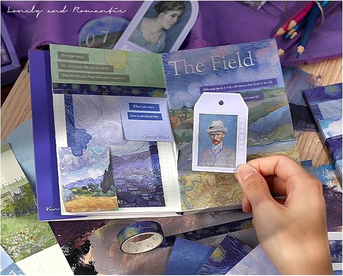 LCLAIDYDY Scrapbooking Supplies Kit,Vintage Van Gogh Oil Painting Aesthetic Scrapbook Kit,Bullet Junk Journal,A6 Grid Notebook,Journaling DIY Craft Gift for Teen Girl Women