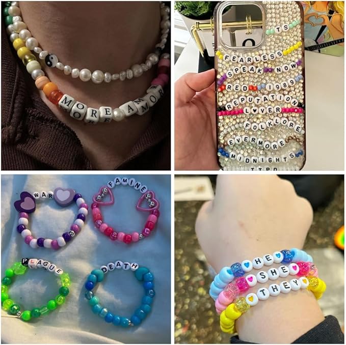 Beadiebling 4000 Pcs 6 * 9mm Pony Beads Bulk in 48 Colors - Friendship Bracelet Making Kit with 2400 Plastic Beads & 1600 Letter Beads in 3 Storage Boxes with 2X Strings, 3X Braided Ropes & Scissor