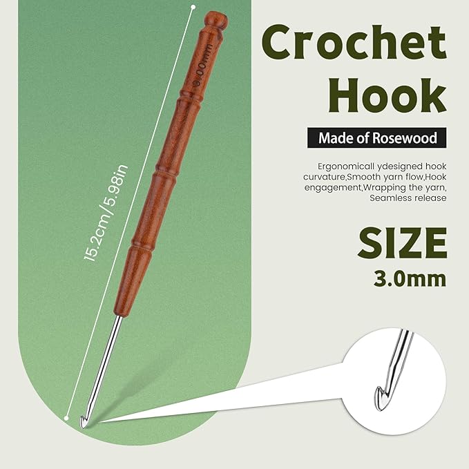 Wuadua 3mm Crochet Hook, Ergonomic Crochet Hooks with Wooden Handle, Crochet Needle for Arthritic, Ideal for Medium Cotton Yarn, Perfect for Crafting Coasters, Bags, Scarves, Blankets, and Garments