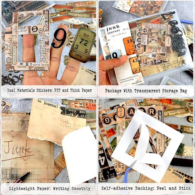 Vintage Scrapbook Kit, 90 Sheets Retro Tag Labels Collection, Scrapbooking Stickers and Decorative Papers Collage Materials, Ephemera for Junk Journal Supplies, Journaling, Crafts Arts, Scrap Booking