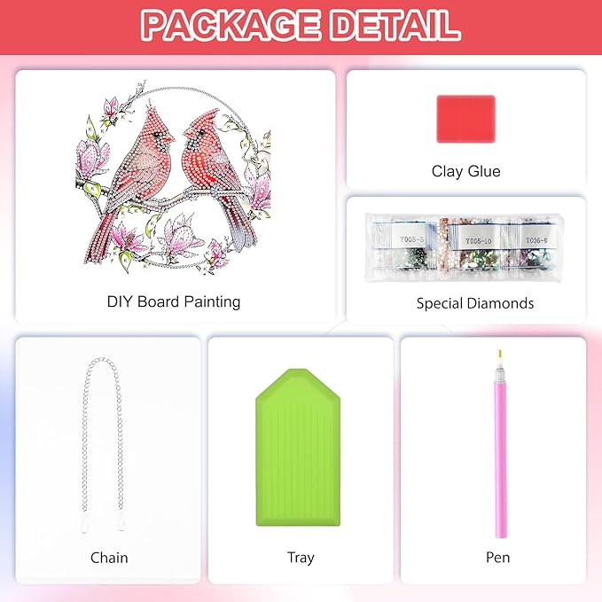 QENSPE DIY Hanging Diamond Painting Pendant Kit Cardinal,Magnolia Diamond Art Ornament Kit Acrylic Board for Window,Easy Crystal Pendant Gem Art for Home Garden Wall Decor,20x20cm