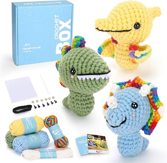 Crochet Kit for Beginners Adults - 3pcs Dinosaur Starters Crochet Kit, Beginners Crocheting Kitting for Adults Teen, DIY Craft Gifts with Crochets Yarns, Hook, Step-by-Step Video, Instruction