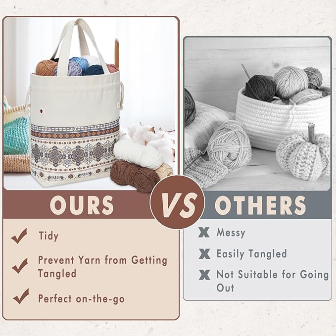 TOGETRUE Yarn Bag, Knitting Crochet Tote Bag, Yarn Storage Bags Organizer, Crochet bags for Crocheting Project, Store Skein Ball, Short Knitting Needle (Medium, Brown Style)