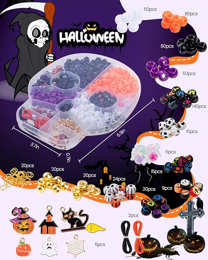 Taybonds Halloween Beads for Bracelet Jewelry Making Kit, Skull Polymer Clay Beads Pony Beads, Halloween Beads Charm for DIY Necklace Earrings, Gifts for Party