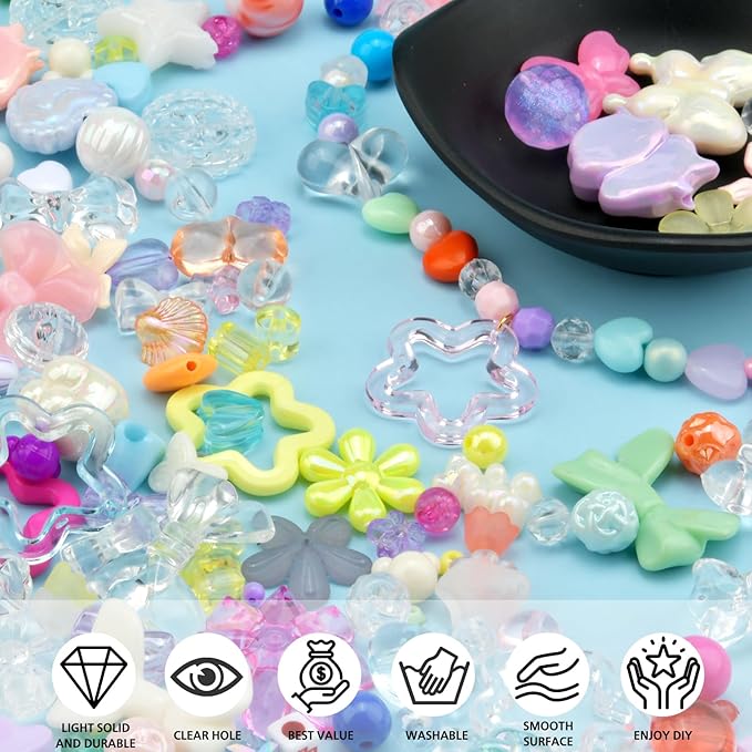 ABONDEVER 245-300Pcs Assorted Acrylic Beads for Bracelets Making Cute Star Bow Flower Candy Heart Gummy Bear Butterfly Beads for DIY Jewelry Crafts Keychain Necklace Phone Charms(Candy)