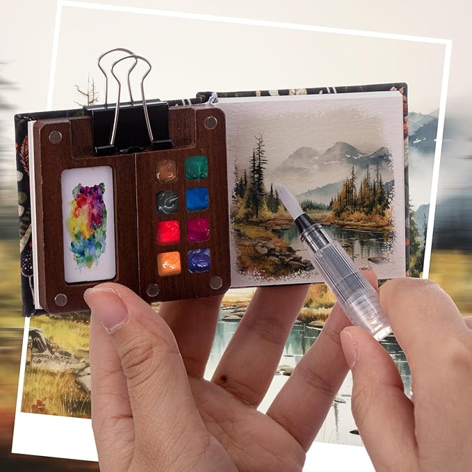 Qilery Mini Portable Watercolor Palette Set Wooden Grid Paint Box Watercolor Paper Sketch Book Brush Pens with Binder Clip for Painters Artist Not Include Paint(Rainforest Secrets)