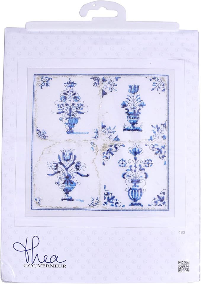 Thea Gouverneur - Counted Cross Stitch Kit - Antique Tiles Flower Vases - Aida - 18 Count - Embroidery Kit for Adults - DMC Embroidery Threads and Other Cross Stitch Supplies Included - 483A